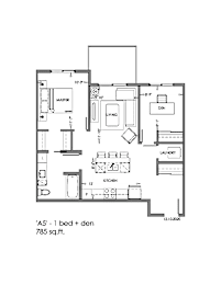 A floor plan of a one bedroom den with a laundry room.