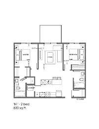 A floor plan of a 1B1 - 2 bedroom apartment sized 820 sq.ft.