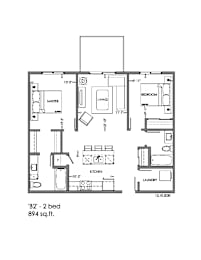 A floor plan of a 2 bedroom apartment sized 894 sq.ft.