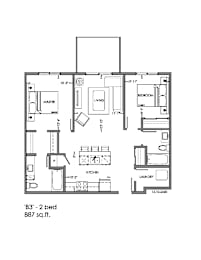 A floor plan of a 'B3' - 2 bedroom apartment sized 887 sq.ft.