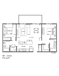 A floor plan of a one bedroom apartment sized at 912 sq.ft.