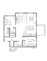 A floor plan of a 2 bedroom apartment sized 989 sq.ft.