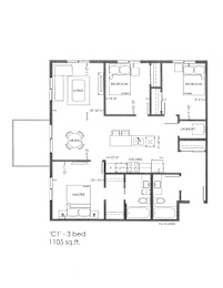 A floor plan of a 3 bedroom apartment sized 1105 sq.ft.