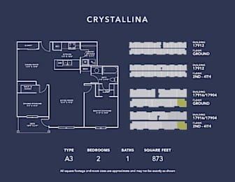 A blueprint of a house named Crystallina with a living room, dining room, kitchen, and bathrooms.