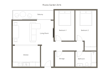 A floor plan of a 2 bedroom apartment with a living room, kitchen and bathroom.