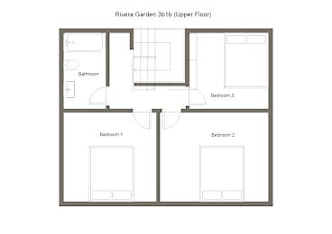 A drawing of a floor plan for the upper level of a Rivera Garden 3 bedroom apartment.