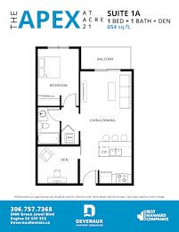 Floor Plan  A floor plan for a 1 bedroom, 1 bathroom apartment at The Apex.