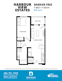 A floor plan for a 1 bedroom, 1 bathroom apartment at Harbour View Estates.
