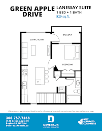 A floor plan for a 1 bedroom suite at Green Apple Laneway.