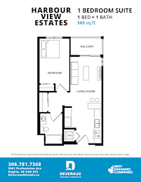A floor plan for a 1 bedroom suite at Harbour View Estates.