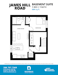 Floor Plan  A floor plan for a James Hill Basement Suite showing a living room, bedroom, and bathroom.