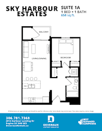 A floor plan for the Sky Harbour Estates Suite 1A, which includes a bedroom, living/dining area, and bathroom.
