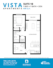 A floor plan for a suite apartment with a balcony, bedroom, living/dining area, and den at Vista Apartments at Edgemont, Edmonton, AB