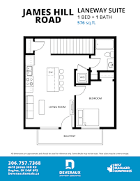 Floor Plan  A floor plan for a 1 bedroom, 1 bathroom apartment at James Hill Laneway Suite.