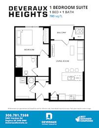 A black and white image of a floor plan for a 1 bedroom suite at Deveraux Heights.