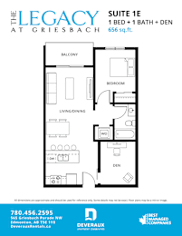 A floor plan for a suite at The Legacy at Griesbach.