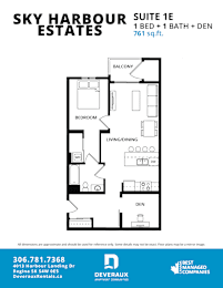 A floor plan for the Sky Harbour Estates Suite 1E, which includes 1 bed, 1 bath, and den, totalling 761 square feet.