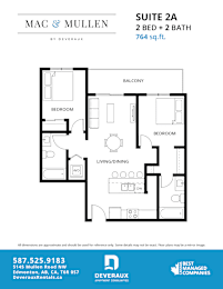 A black and white floor plan for a 2 bedroom and 2 bath suite.