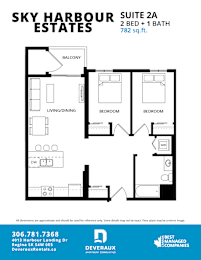 A black and white image of a floor plan for the Sky Harbour Estates Suite 2A, a 2 bedroom, 1 bathroom unit with a total area of 782 sq.ft.