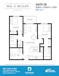 A floor plan for a 2 bedroom, 2 bathroom apartment with den.
