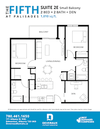 Floor Plan  A floor plan for a suite at Palisades showing a balcony, two bedrooms, a living/dining area, a den, a full bath, and a laundry room.