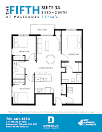 Floor Plan  A floor plan of a three bedroom, two bathroom suite at Palisades.