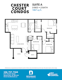 A floor plan for a 3 bedroom, 2 bathroom suite at the Chester Court Condos.