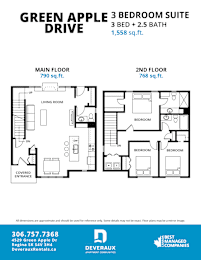A floor plan for a 3 bedroom suite at Green Apple Drive.