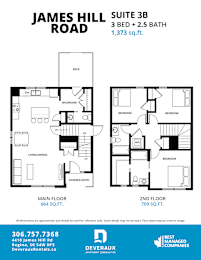 Floor Plan  A floor plan for a 3 bedroom, 2.5 bathroom apartment at James Hill Road.