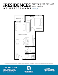 a floor plan of a 1 bedroom unit at the residences at grasslands