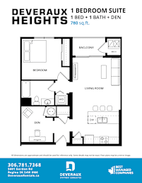 A black and white image of a floor plan for a 1 bedroom suite at Deveraux Heights.