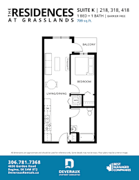 a floor plan of a 1 bedroom unit at the residences at grasslands