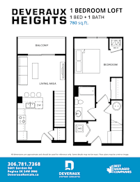 A black and white floor plan for a 1 bedroom loft at Deveraux Heights.