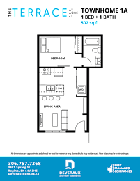 A floor plan for a 1 bedroom, 1 bathroom apartment of 502 square feet.