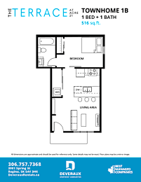 A floor plan for a 1 bedroom, 1 bathroom townhome sized at 816 sq.ft.