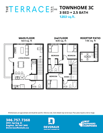 A floor plan for a 3 bedroom, 2.5 bathroom townhome.