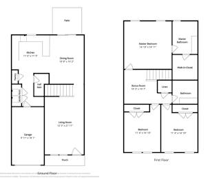A floor plan of a two-story house with a garage and a living room.