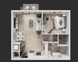 A top-down view of a modern, minimalist apartment with a kitchen, living room, and bathroom.