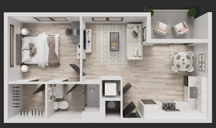 A top-down view of a modern apartment with a kitchen, living room, and bedroom.