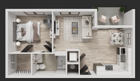 A top-down view of a modern, minimalist apartment with a kitchen, living room, and bedroom.