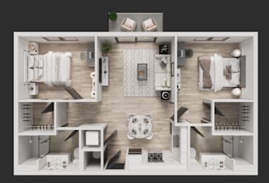 A top-down view of a modern apartment layout with a kitchen, living room, and bedrooms.