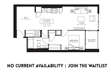 A floor plan of an apartment with a note at the bottom stating "NO CURRENT AVAILABILITY | JOIN THE WAITLIST".