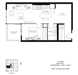 A black and white image of a floor plan for a one bedroom apartment.