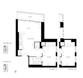 A black and white image of a floor plan for a house with two bedrooms, a living room, a kitchen, and a balcony.
