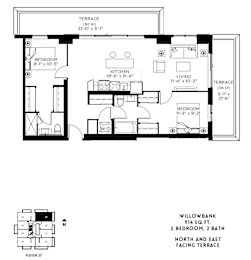 A floor plan of a Willowbank property with two bedrooms and two bathrooms.