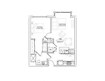 A floor plan of a small apartment with a bedroom, living room, and bathroom.