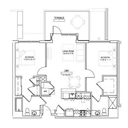 A floor plan of a house with two bedrooms, a living room, a terrace, and a 2BR apartment.