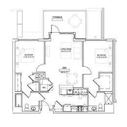A floor plan of a house with two bedrooms, a living room, a terrace, a 2BR option, and a WC.