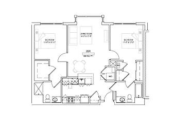  Floor Plan Two bed/Two bath - 997 sqft.