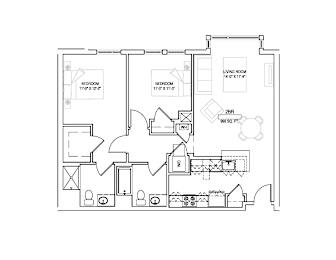  Floor Plan Two bed/Two bath - 999 sqft.